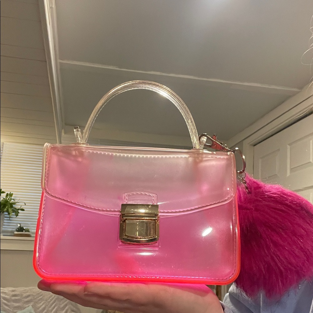 Transparent Pink Handbag with Fur Charm